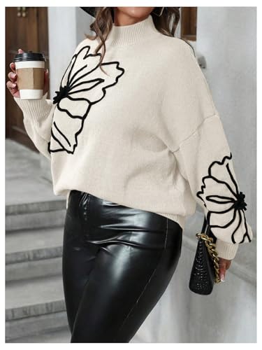MakeMeChic Women's Plus Size Oversized Sweater Floral Pattern Long Sleeve Turtleneck Knitted Fall Sweaters4