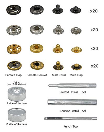 LYNDA 80 Sets Metal Snap Fasteners, 4 Colors Snap Fasteners with 4 Pieces Fixing Tools,Used in Leather Craft, DIY Craft, Overalls, Jacket and Jeans,15mm in Diameter
