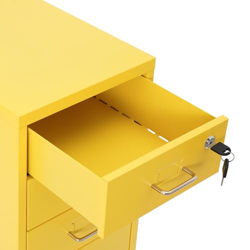 Image of 6-Drawer Mobile File Cabinet, Metal File Cabinet with Lock & Wheels, Rolling Vertical Filing Drawers Under Desk for Home Office A4 /Letter Size File (Yellow)