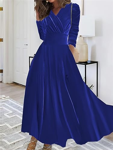 Women Velvet Swing Dress Long Sleeve V Neck Holiday Formal Maxi Dresses Fall Velour Wrap Party Cocktail Long Dress2