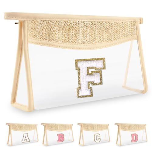 UIXIZQ Personalized Initial Letter Bag Boho Straw Clear Makeup Bag,Small Cute Chenille Varsity Letter Bag With Zipper,Beach Travel Toiletry Bag,Portable Monogrammed Cosmetic Bag for Women Girls,F