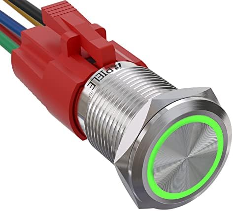 APIELE 16mm Latching Push Button Switch 12VDC On Off Stainless Steel with LED Angel Eye Head for 0.63" Mounting Hole with Wire Socket Plug Self-locking(Green)