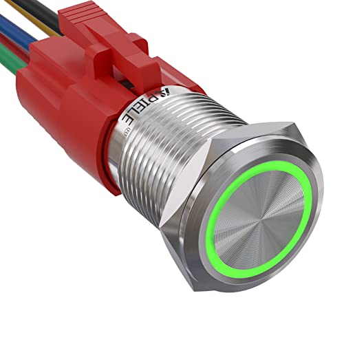 APIELE Przełącznik ciśnieniowy z blokadą 16 mm, 12 V DC, 5 A, stal nierdzewna z oświetleniem pierścieniowym LED, wodoszczelny, przełącznik przyciskowy z okablowaną wtyczką, do samochodów osobowych, kamperów, ciężarówek, łodzi, przycisk wł./wył. (zielony)