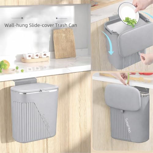 Image of Kriva Hanging Trash Can for Kitchen Cabinet Door with Lid | Small Under Sink Garbage Can Trash Bin for Bathroom,Wall Mounted Counter Waste Kitchen Dustbin, 1 Pc (Grey)