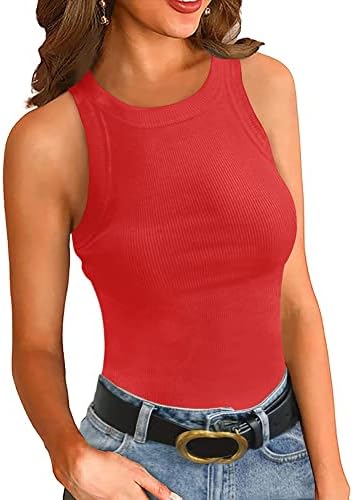 Fashion Bodysuit for Women Cute Sleeveless Halter High Neck Racerback Fitted Ribbed Knit Tank Tops Thong Leotard Bodysuits Red X-Large