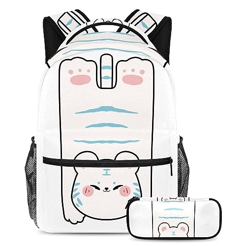 Sac à dos tigre blanc avec trousse pour l'école et les voyages des adolescents