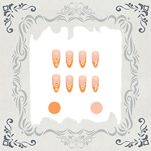 Votacos Press On Nails Medium Almond Fake Nails Nude And Orange False Nails With Funny Design Glossy Stick On Nails For Women #TOP3