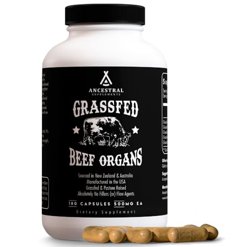 Ancestral Supplements Grass Fed Beef Organ Supplement, Supports Whole Body Wellness with Proprietary Blend of Liver, Heart, Kidney, Pancreas, Spleen, Freeze-Dried Beef, Non-GMO, 180 Capsules