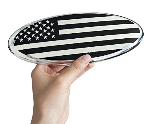 Image of 9inch Emblem for Ford, Front Grille Tailgate Rear American Black Flag Emblem 9 inchX3.5 inch Oval Deca Fit for 04-14 F150, F250, F350,11-14 Edge, 11-16 Explorer, Ranger, Expedition (Chrome and Black)