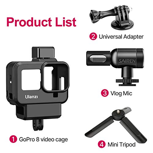ULANZI Vlog Setup Kits for Gopro 8, G8-9 Housing Case + 3.5mm Video Recording Microphone + Mini Tripod Handle Grip Vlog YouTube Accessories for Gopro Hero 8 Black