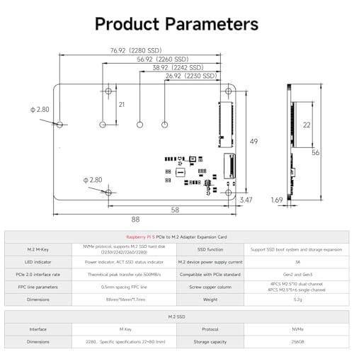 Image of Yahboom M.2 NVMe to PCIe Adapter M.2 HAT+ for Raspberry Pi5 Support M.2 NVMe SSD 2230 2242 2260 2280 Support Install Pi5 Heatsink with 256GB M.2 SSD Nvme (PCIe Adapter)