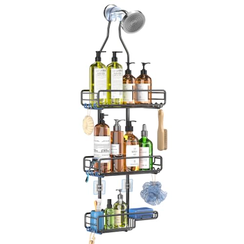 Skyapex Shower Caddy Hanging Bathroom Organizer: Over Head Adjustable Rack for Tall Showerhead - Extra Large Storage Shelf for Big Shampoo Bottles with Soap Holder