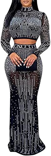 Zoctuo Women's Sexy Bodycon Dress Rhinestone Mesh See Through Party Dress Long Sleeve 2 Piece Clubwear(5379,Black,XXL)