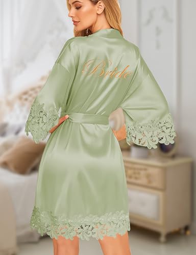 Image of EPLAZA Bride Robe for Wedding Day Set Bridal Robe Lace Trim Silky Embroidery Satin Kimono for Bridal Party