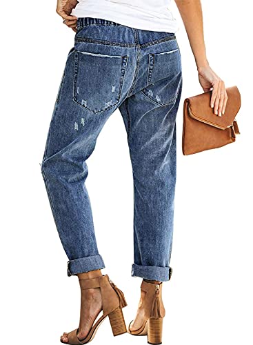 Dokotoo Women's Casual Ripped Distressed Denim Joggers Elastic Drawstring Tie High Waist Boyfriend Jeans Pants For Women X-Large Blue #TOP3