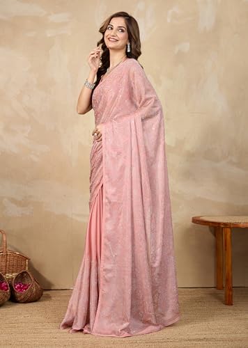 Image of TRENDMALLS Women's Chanderi Silk Siroski Work Saree with Unstitch Blouse Piece (K1152-Orange)