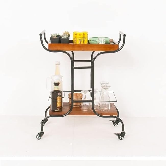 Kitchen Trolley Kitchen Storage 2 Tier Trolley Wrought Iron Dining Car Solid Wood Rolling Cart Hotel Restaurant Cafe Mobile Kitchen Storage Cart Kitchen Furniture-16n4Guhv
