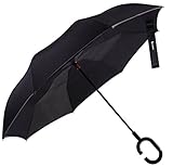 Umbrella, Reverse Umbrella, Glamore Creative Double Layer Hands Free Inverted Umbrella Straight Waterproof Inside Out Travel Umbrellas（Black&Silver）