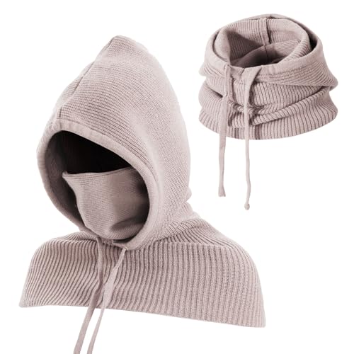 TAGVO Winter Strickmütze und Schal, 3-in-1 Kapuzenschal, Einteilige Sturmhaube, Verstellbarer Winddichter Gesichts- und Nackenwärmer, Schals für Herren und Damen im Freien
