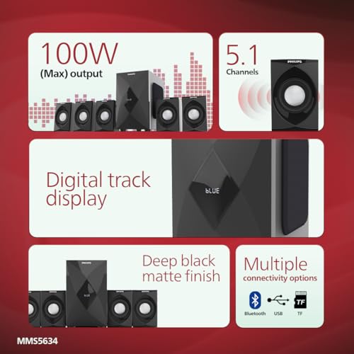 Image of Philips MMS5634 /94 5.1 Bluetooth Speaker System for Home, 100W Multimedia Speakers with Powerful woofer, Wireless Audio Streaming, Surround Sound Speakers for TV, Laptop with Remote Control (Black)