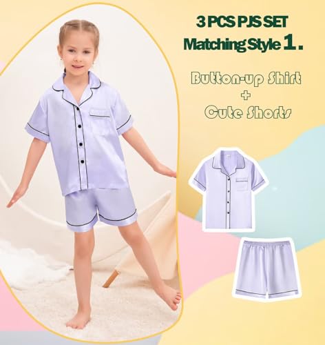 SWOMOG Kids Satin Pajamas Set 3 PCS Girls Boys Silk Sleepwear Short Sleeve Nightwear Long Pant Pjs Loungewear Little Boy 140 CM Lavender2