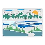FINGERINSPIRE Mountains View Stencils - 11.7x8.3 inch Plastic Forest Drawing Painting Stencils for River, Sun Birds Pattern Wall, Floor, Wood and Tile