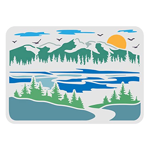 FINGERINSPIRE Mountains View Stencils - 11.7x8.3 inch Plastic Forest Drawing Painting Stencils for River, Sun Birds Pattern Wall, Floor, Wood and Tile