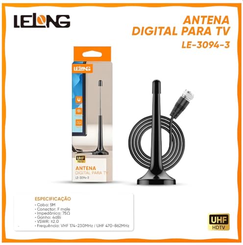 Antena Digital Interna e Externa Full HD 4k HDTV UHF VHF Amplificada Cabo de 5 Metros e Base Com Imã