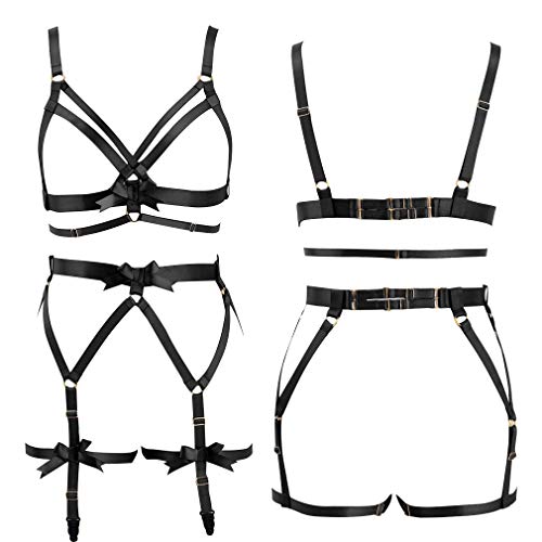 Body Harness Full For Women Garter Belts Set Strappy Lingerie Punk Gothic Elastic Adjust Bodysuit Party Dancing Action Art Wear (Black 656+202) #TOP1