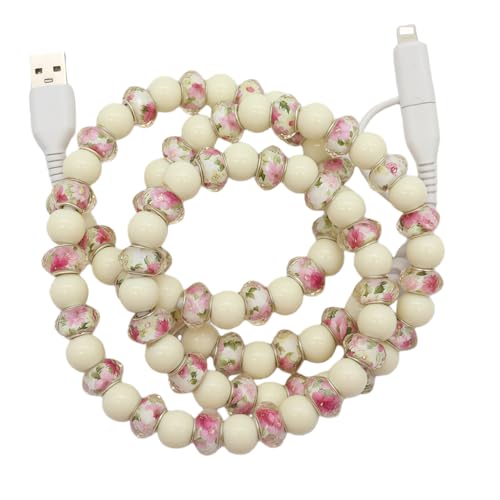 2026 New Beaded Charging Cord, 2 in 1 Bead Charger Cord, Colorful/Metallic/Pearl Dazzle Bead Phone Charge Cable, 3.3ft USB Cable Type C for iPhone (Beige)