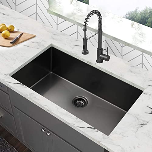 30 x 18 x 10 Inch Gunmetal Black Undermount Kitchen Sink, 16 Gauge Stainless Steel Undermount Kitchen Sink Nano Surface Modern Single Bowl Kitchen Sink