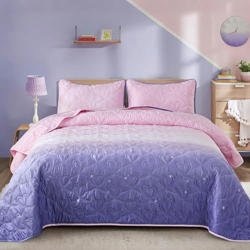 Xruibed Pink Purple Quilt Set Queen Size Ombre Girls Bedspread