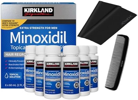 Kirkland Minoxidil 5% for Men, Topical Solution Extra Strength Hair Regrowth Treatment, 6 Months Supply, Total 12 Fl Oz, Dropper Applicator, Exclusive 2 MicroFiber Cleaning Cloths and Comb Included