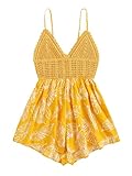 SheIn Women's Crochet Lace V Neck Spaghetti Strap Backless Tropical Romper Jumpsuit Mustard Yellow...