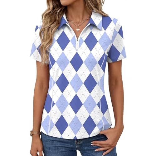 LOMON Women’s Short Sleeve Athletic Polo Shirt High Performance Stretch Quarter Zip Top for Golf Tennis Blue and Purple Plaid Small