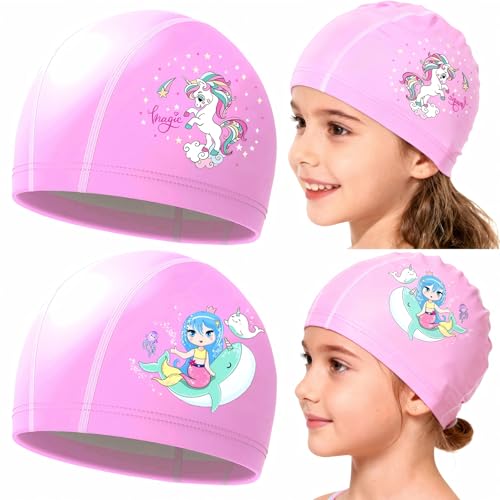 2-Pack Swimming Cap Kids Swim Cap Kids Long Hair and Short Hair Cartoon Mermaid Unicorn Kid SwimCap Waterproof Bonnet De Bain for Kid Kid Swimming Caps for Aged 3 4 5 6 7 8 9 10 11 12 Girls Teens