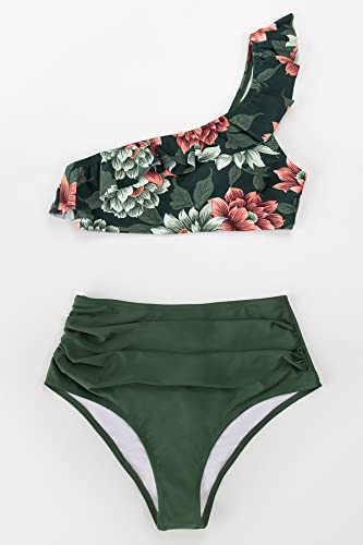 Cupshe Bikini Sets For Women Bathing Suit High Waisted Tummy Control One Shoulder Ruffle, L Green #TOP5