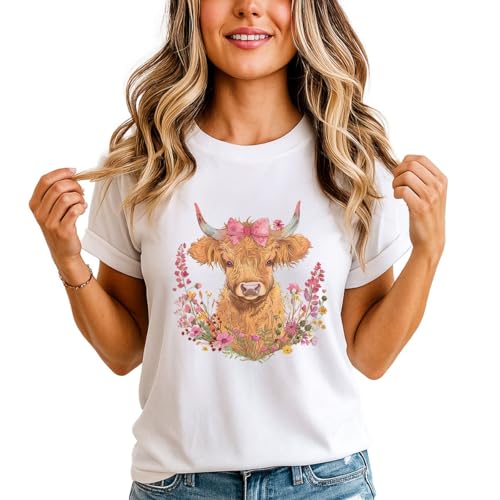Image of Highland Cow Animals Womens Graphic T-Shirt Floral Design Ladies Tee 5XL (34-36) White