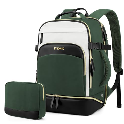 ETRONIK Travel Backpack for Women, Carry on Backpack Flight Approved with Shoe Compartment & Wet Pocket, Personal Item Travel Bags Fit 17.3' laptop, Travel Work Business Backpack, Beige-green-black