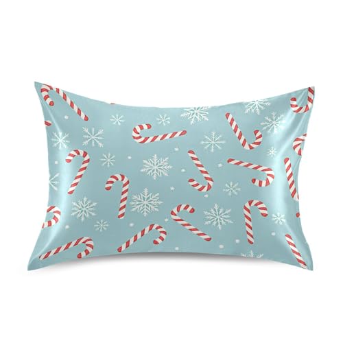 xigua Funda de almohada de satén azul con bastones de caramelo para cabello y piel, funda de almohada de seda, tamaño Queen (20 x 30 pulgadas), fundas de almohada de satén refrescantes con cierre de