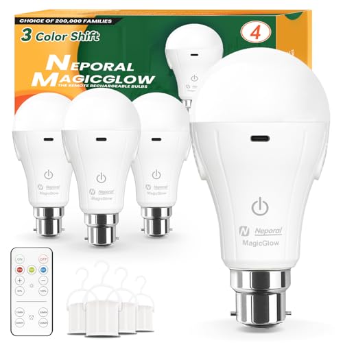 Neporal Rechargeable Light Bulb B22, 15W 60W Eq., Dimmable & 3 Colour Modes, Remote & Touch Control, USB-C Charging 24H Runtime, No Wiring, for Power Cuts, Camping, Closets – 2 Pack