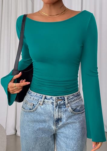 Image of PRETTYGARDEN Women Long Sleeve Shirt 2025 Crop Casual Boat Neck Bell Sleeve Ribbed Ruched Y2K Clothing
