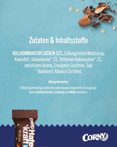 Haferriegel | Corny Haferkraft Zero Kakao | Veganer Müsliriegel ohne Zuckerzusatz | Mit Haselnüssen | Energiereicher Snack für unterwegs | 48x35g