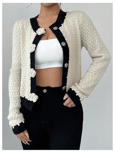 Image of GORGLITTER Women's Floral Button Up Cropped Cardigans Pearls Long Sleeve Lightweight Dressy Cute Knit Sweater Apricot Small