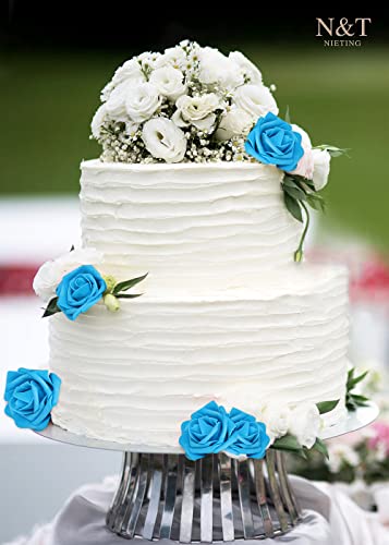 N&T Nieting Artificial Flowers, 25Pcs Fake Flower Roses With Stem For Diy Wedding Bouquets Centerpieces Bridal Baby Shower Party Home Decoration, Blue #TOP3