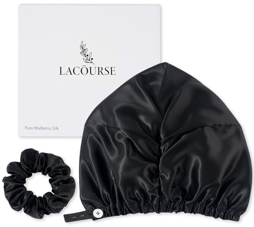 LaCourse Gorro antideslizante mejorado ajustable de 22 momme 100% seda de morera para mujeres durmientes, envoltura de pelo de seda de doble capa con elástico más duradero que se mantiene en la cabeza