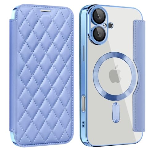iPhone 16 ケース 手帳型 背面クリアMagSafe充電対応カード収納 iPhone16 レザーケース カメラ保護 画面保護 RFID 盗難防止 前後保護 ストラップホール付き 磁石内蔵 全面保護,薄ブルー