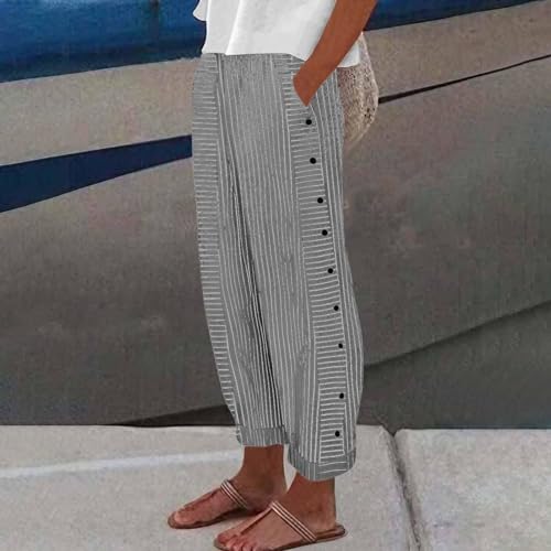 Summer Pants for Women Striped Printed Button Pants Cotton Linen Casual Straight Leg Trousers with Pocket2