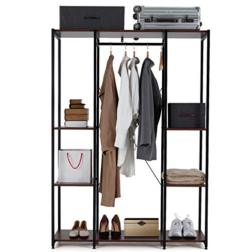 AVAWING Garment Rack Freestanding Heavy Duty Closet Organizer Wardrobe Wood Clothing Shelves w/ Hanging Rod, Extra Large Armoire Storage Metal Clothing Rack, Max Load 330LBS