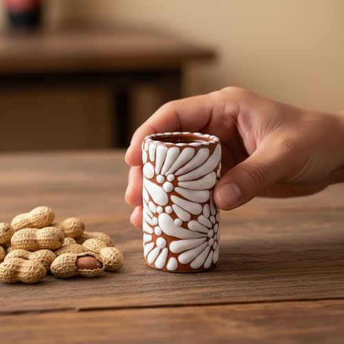 Image of Talavera Shot Glasses Set of 4 Authentic Mexican Tequila Shot Glasses - Hand-painted - 2 Oz (White Brushstroke Terracotta Background)